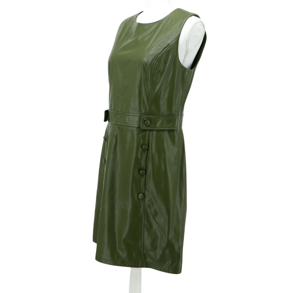 DKNY Faux Leather Shift Dress Olive Green Mini Belted Size 8 Chic Modern